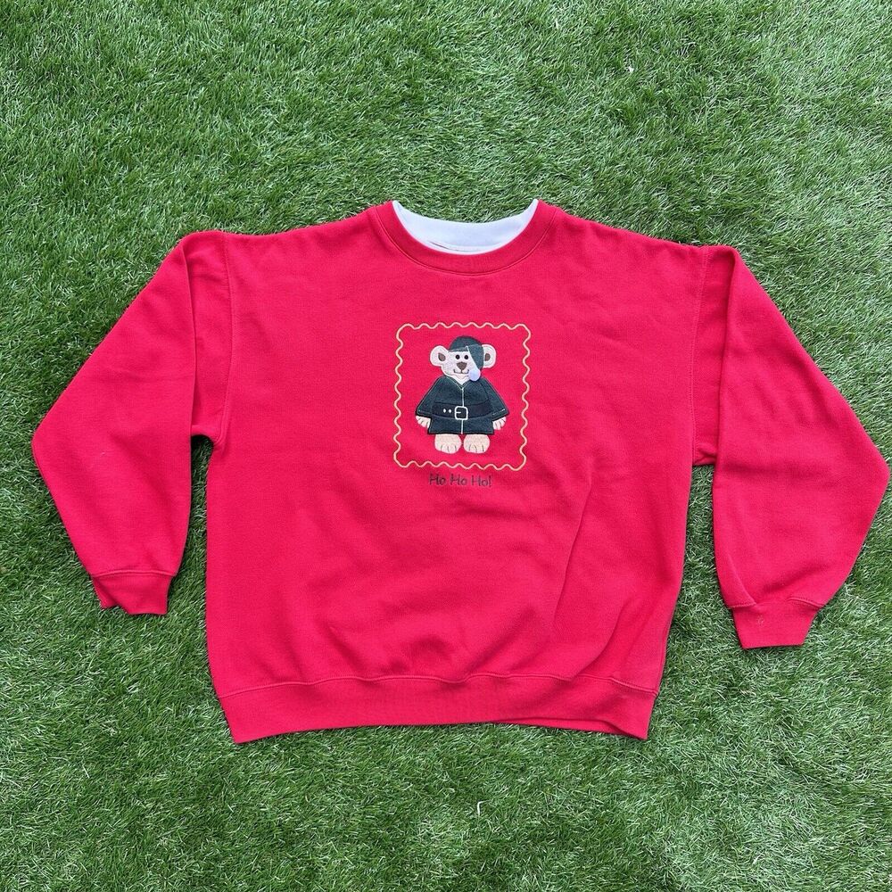 Vintage Bold Spirit Sweatshirt Womens Large Christmas Embroidered Teddy Bear Red